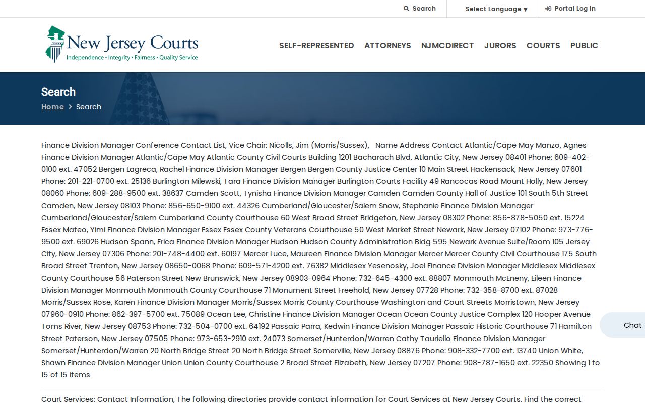 Maplewood resident lookup view of New Jersey Courts case-search categories