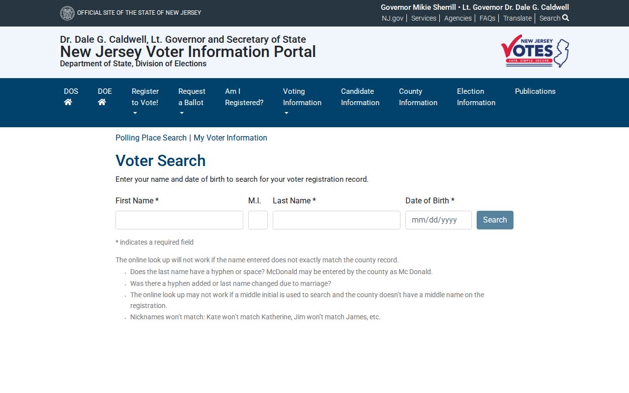 Maplewood resident lookup using the New Jersey voter-status search fields